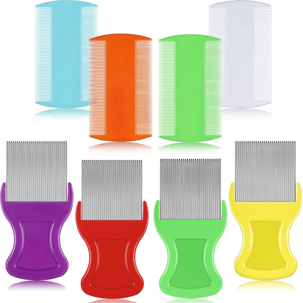 Maitys 8 Pieces Flea Lice Combs Double Sided Lice and Nit Removal Hair Grooming Plastic and Metal Comb for Humans Pets(3.5 x 2 Inch, 3.54 x 1.57 Inch,Orange, Blue, Purple, White)