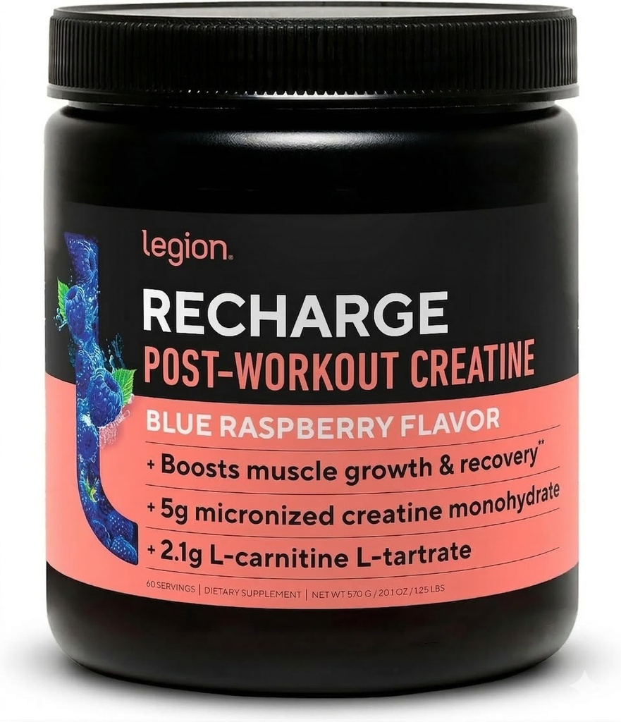 Legion Recharge Post Workout Supplement - All Natural Muscle Builder & Recovery Drink With Micronized Creatine Monohydrate. Naturally Sweetened & Flavored, Safe & Healthy. (Blue Raspberry, 60 Serving)