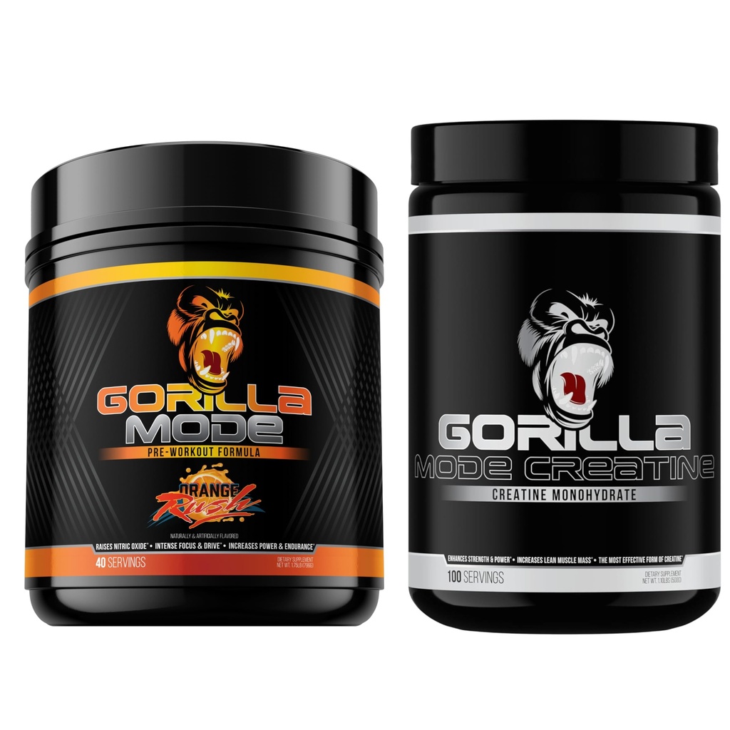 Gorilla Mind Pre Workout (Orange Rush) + Creatine (100 Serv.) - Comprehensive Stack for Improved Strength, Power Output, and Muscle Size