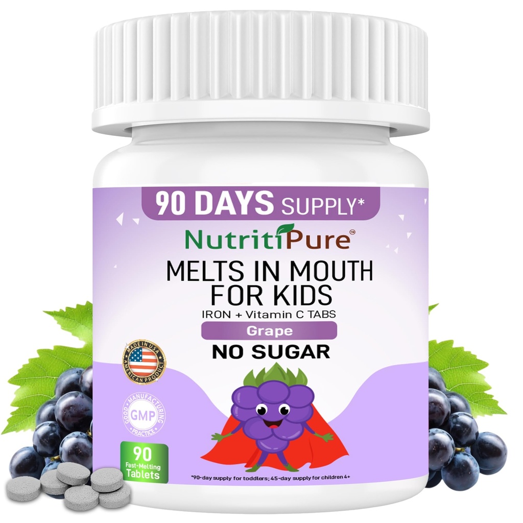 Kids Chewable Iron Supplement, Ferronyl® Carbonyl Iron 9 mg, Vitamin C 30 mg, Grape Flavor, 90 Tablets (1 Bottle)