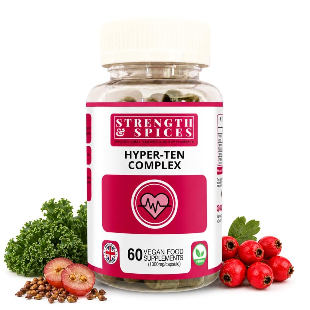 Strength & Spices Hypertensupport 100% Natural Supplement for Immune System & Heart Health – 15 Ingredients w Hawthorn Berry, Grape Seeds & Berries - 60 Vegan UK Made 1000mg Capsules