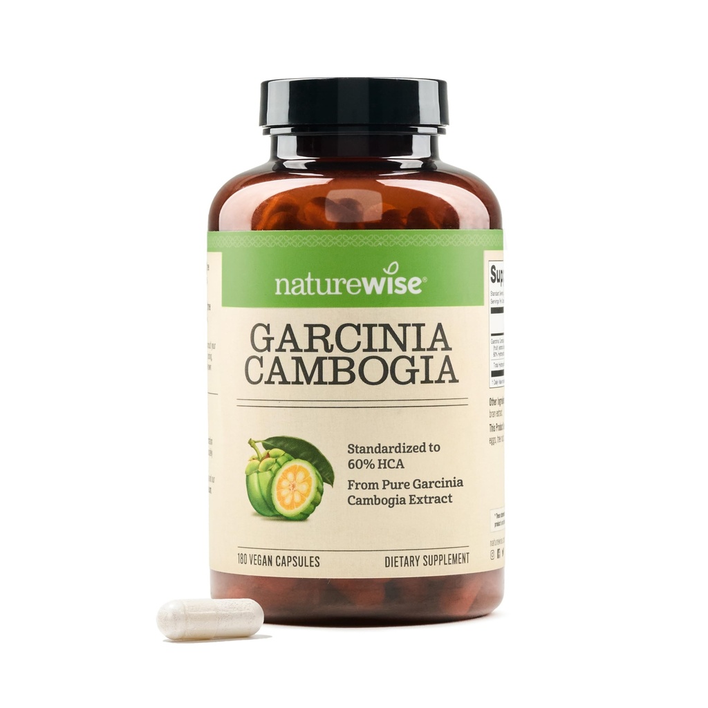 Naturewise Garcinia Cambogia - 60% HCA Concentration Extract, Natural Support for Weight Goals and Energy Levels - Vegan, Non-GMO, Gluten Free - 180 Capsules[2-6 Month Supply]