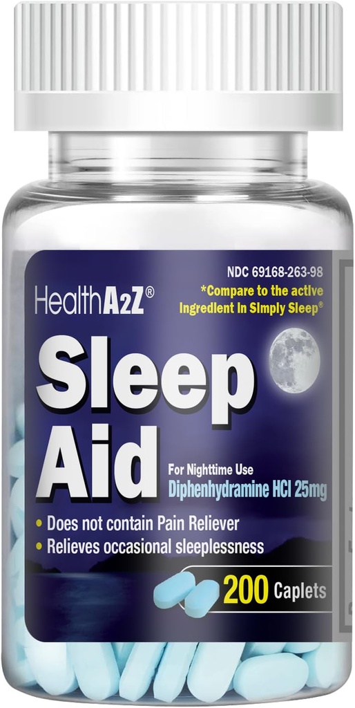 HealthA2Z Sleep Aid 200 Caplets, Diphenhydramine HCl 25mg, Regular Strength Sleeping Pills, 200 Caplets