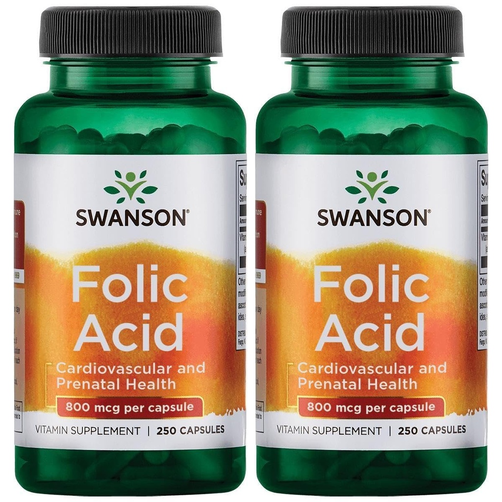 Swanson Folic Acid 800 mcg (1Vitamin 335 mcg Dfe Folate) 250 Capsules (2 Pack)