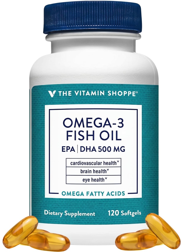 The Vitamin Shoppe Brand Omega 3 Fish Oil 1000mg with EPA DHA 500mg, Cardiovascular, Brain & Eye Health Support for Men and Women, Sourced from Anchovy, Sardine & Mackerel, Gluten Free, 120 Softgels