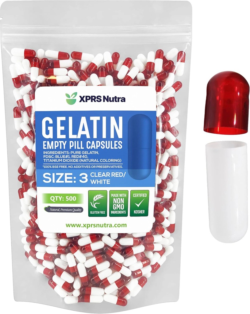 XPRS Nutra Size 3 Empty Capsules - 500 Count Empty Gelatin Capsules - Pills for DIY Capsule Filling - Pure Bovine Pill Gel Caps Fillable for Do-It-Yourself Vitamins and Supplements (Clear Red/White)