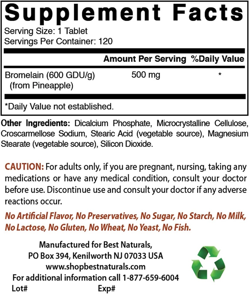 Best Naturals Bromelain 500 mg & Quercetin 1000 mg