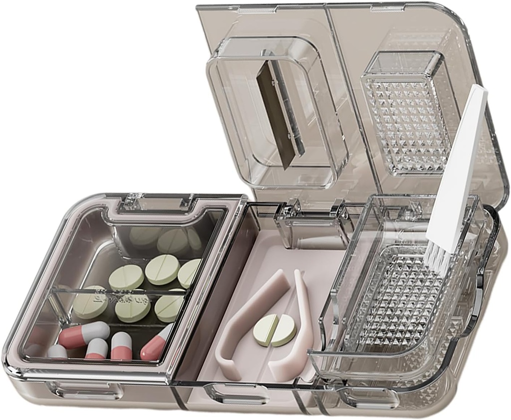 CFMOUR 3-in-1 Pill Cutter Splitter for Tiny or Small Large Pills, Crusher Grinder with Powder Brush Grind Tablets, Pill Carrier for Storage Pills, Mills for Elderly, Kids&Pets, Black