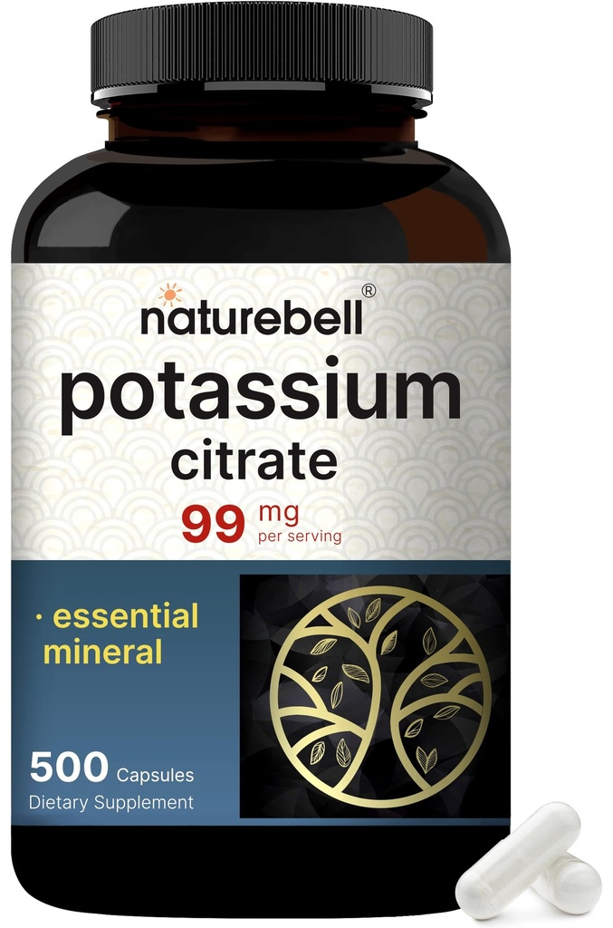 Potassium Citrate Supplement 99mg, 500 Capsules | Chelated Mineral Supplements – Essential Mineral Electrolyte – Non-GMO, Gluten Free