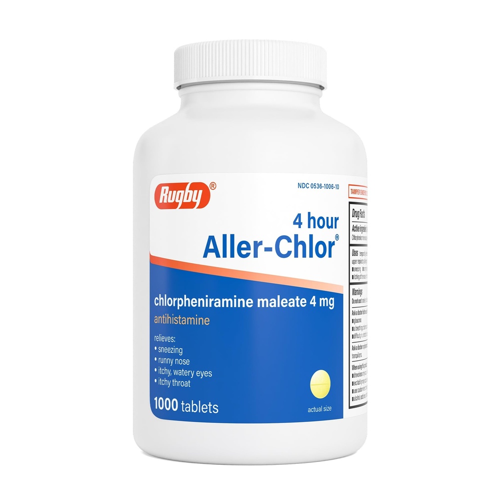 Rugby 4 Hour Aller-chlor - Chlorpheniramine Maleate 4 mg - Antihistamine - 1000 Tablets (1 Pack)