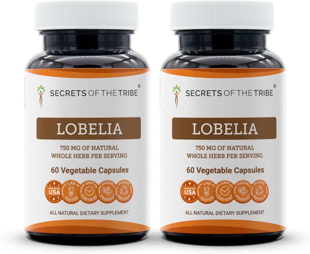 Secrets of the Tribe Lobelia 60 Capsules(2 pcs.), 750 mg, Responsibly farmed Lobelia (Lobelia Inflata) Dried Herb (2x60 Capsules)