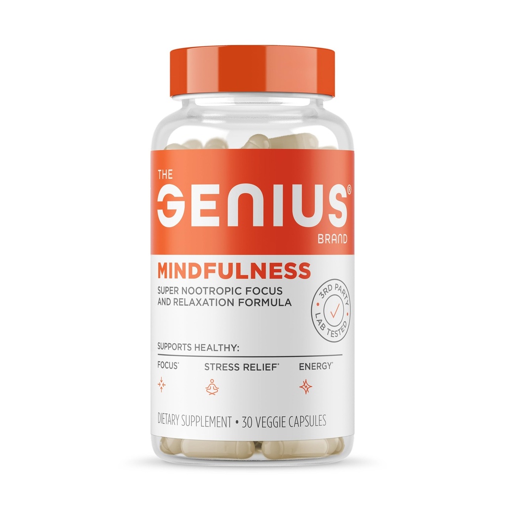 The Genius Brand Genius Mindfulness - Brain Health Supplement - Supports Healthy Mindsets - Calm, Energy, Memory & Focus Support - Ashwagandha, NeuroFactor & More - 30 Veggie Pills