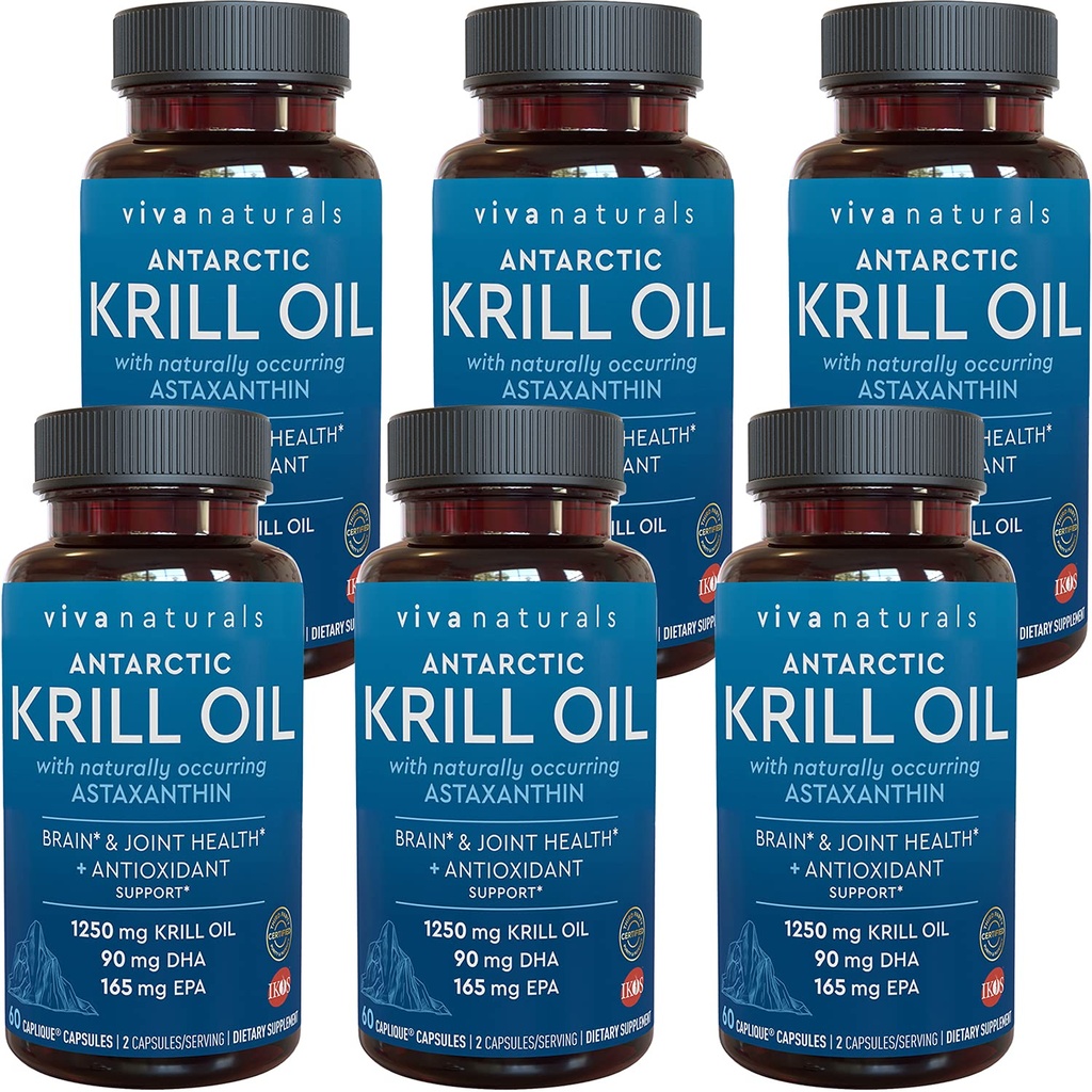 Viva Naturals Antarctic Krill Oil 1250 mg, Omega 3 EPA DHA and Astaxanthin, Joint Support and Brain Supplement with Antioxidant Properties, No Fishy Aftertaste (Pack of 6)