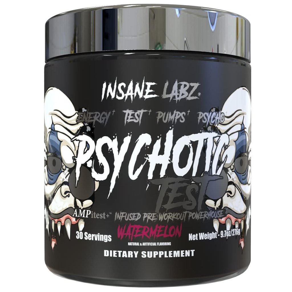 Insane Labz Psychotic Test, High Stim Testosterone Energy and Pump Boosting Pre-Workout Powder with DMAE Bitartrate, D Aspartic Acid, Creatine HCL and Glycerol Monostearate, 30 Servings (Watermelon)