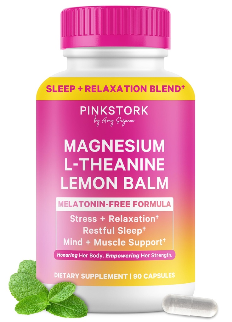 Pink Stork Magnesium Glycinate, L-Theanine, Lemon Balm - Melatonin-Free Magnesium for Sleep Support - Natural Calm and Relaxation - 90 Capsules