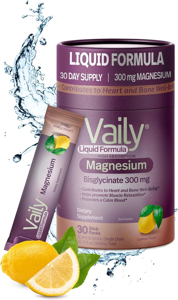 Vaily® Liquid Magnesium Supplement 300 mg - Enhanced Absorption, Heart & Bone Health - Helps Calm Restful Sleep - Liquid Magnesium Bisglycinate for Adults - Lemon Flavor,30PK