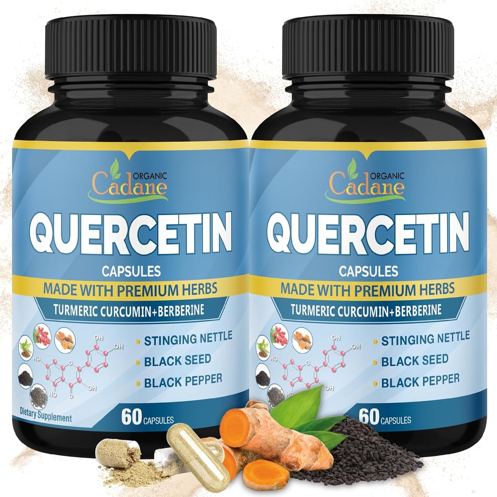 Organic Cadane 2 Packs Quercetin Supplements Capsules, 4 Months Supply with Turmeric, Berberine, Nettle, Black Seed, Black Pepper - Supports Cardiovascular Health, Immune System