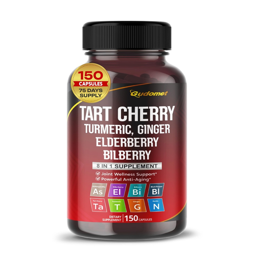 Tart Cherry Turmeric Ginger Stinging Ashwagandha Elderberry Bilberry Black Pepper -150 Capsules