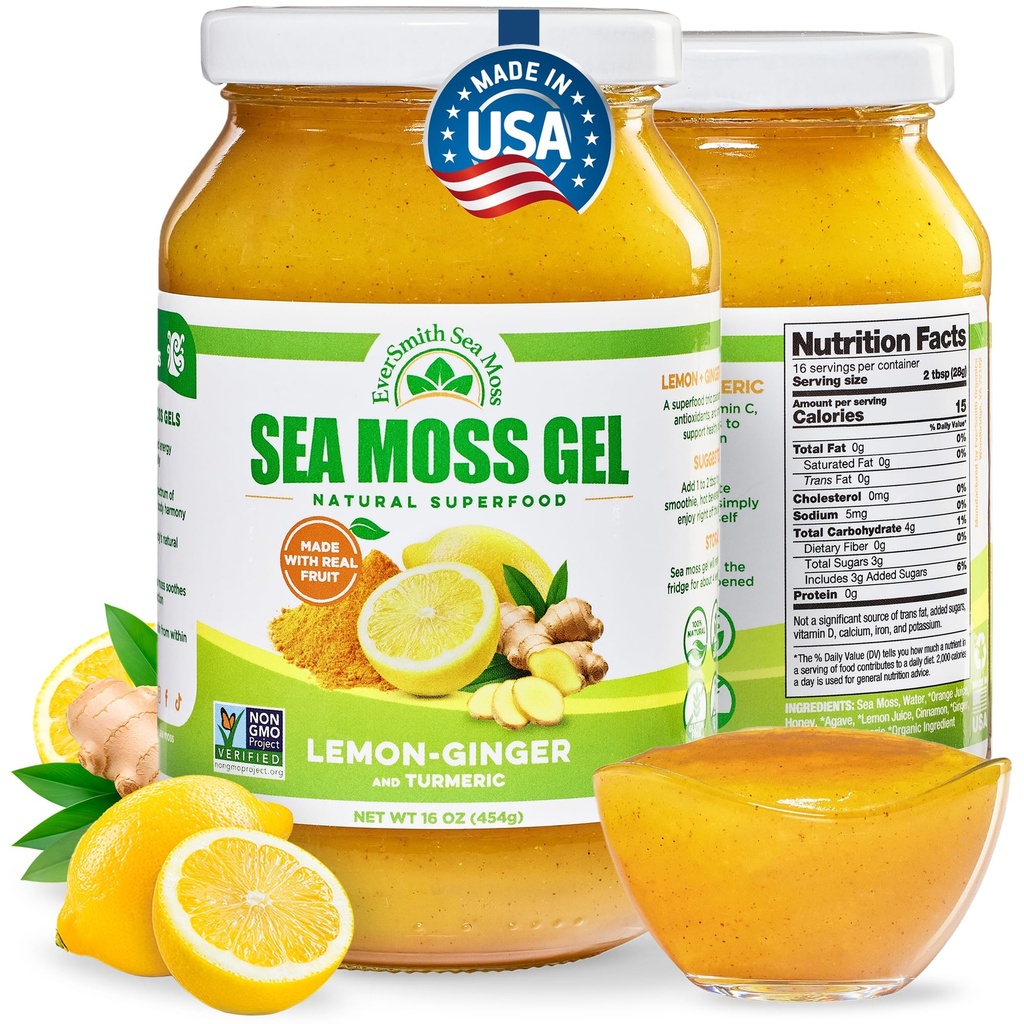 EverSmith Organics Wildcrafted Irish Sea Moss Gel, Lemon Ginger, 1 Jar | Made in USA, Rich in Nutrients, Sea Moss Gel Raw, Vegetables & Fruits, Sustainably Harvested, Essential Vitamins and Minerals