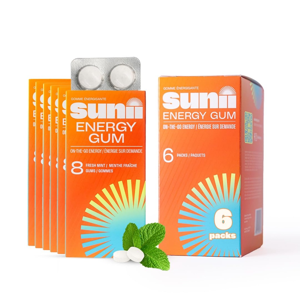 Sunii Nootropic Energy Gum - Quick Boost Energy & Focus - 100mg Caffeine Gum, Fresh Mint Taste - Vitamins B6 & B5, Taurine, Vegan, No Sugar 5 Calorie - Faster than Chews, Drinks, Gels & Pills (48pcs)