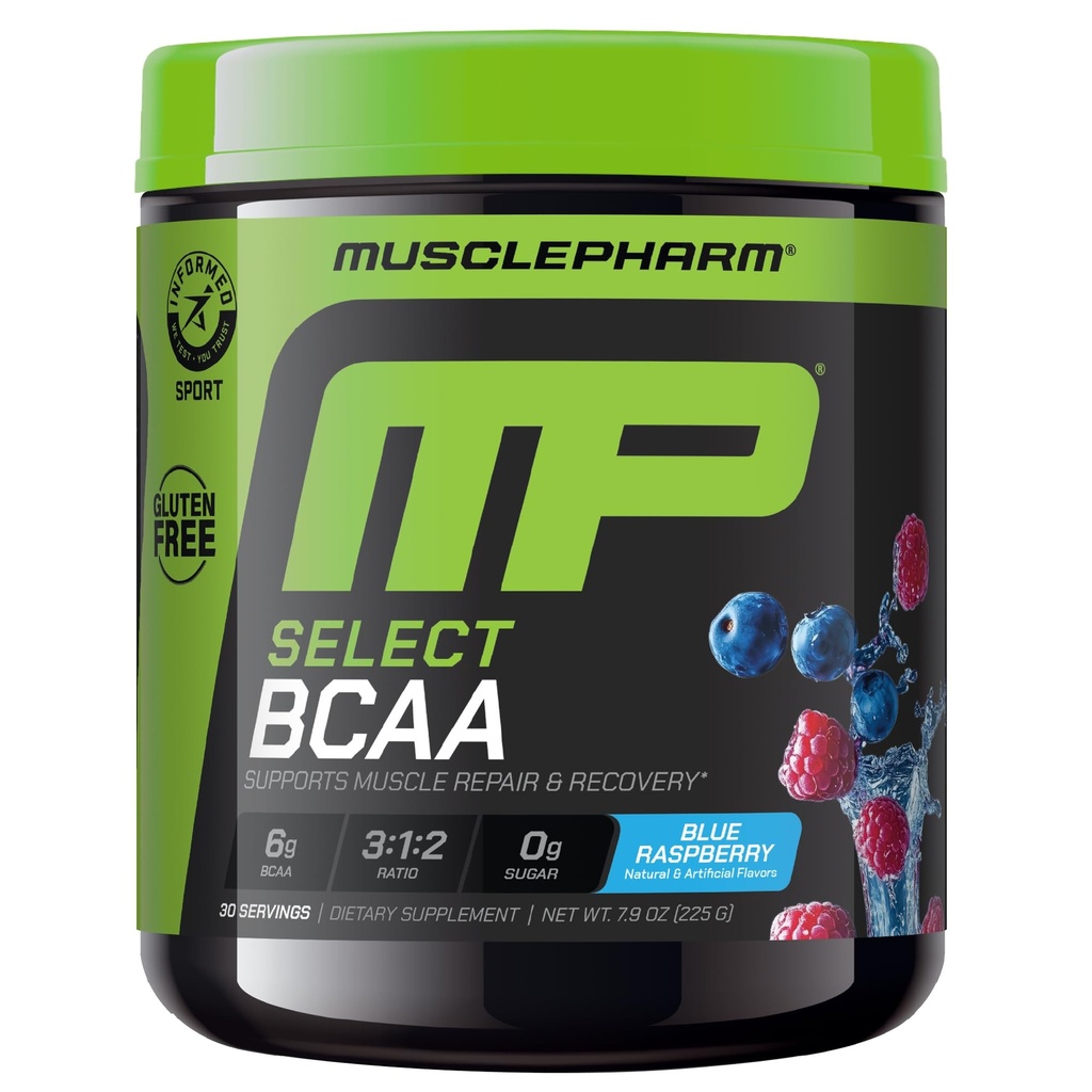 MusclePharm Essentials BCAA Powder, Pre & Post Workout Recovery Drink, Supports Muscle Recovery & Energy Production, Essential Amino Acids Supplement, 30 Servings, Blue Raspberry Flavor