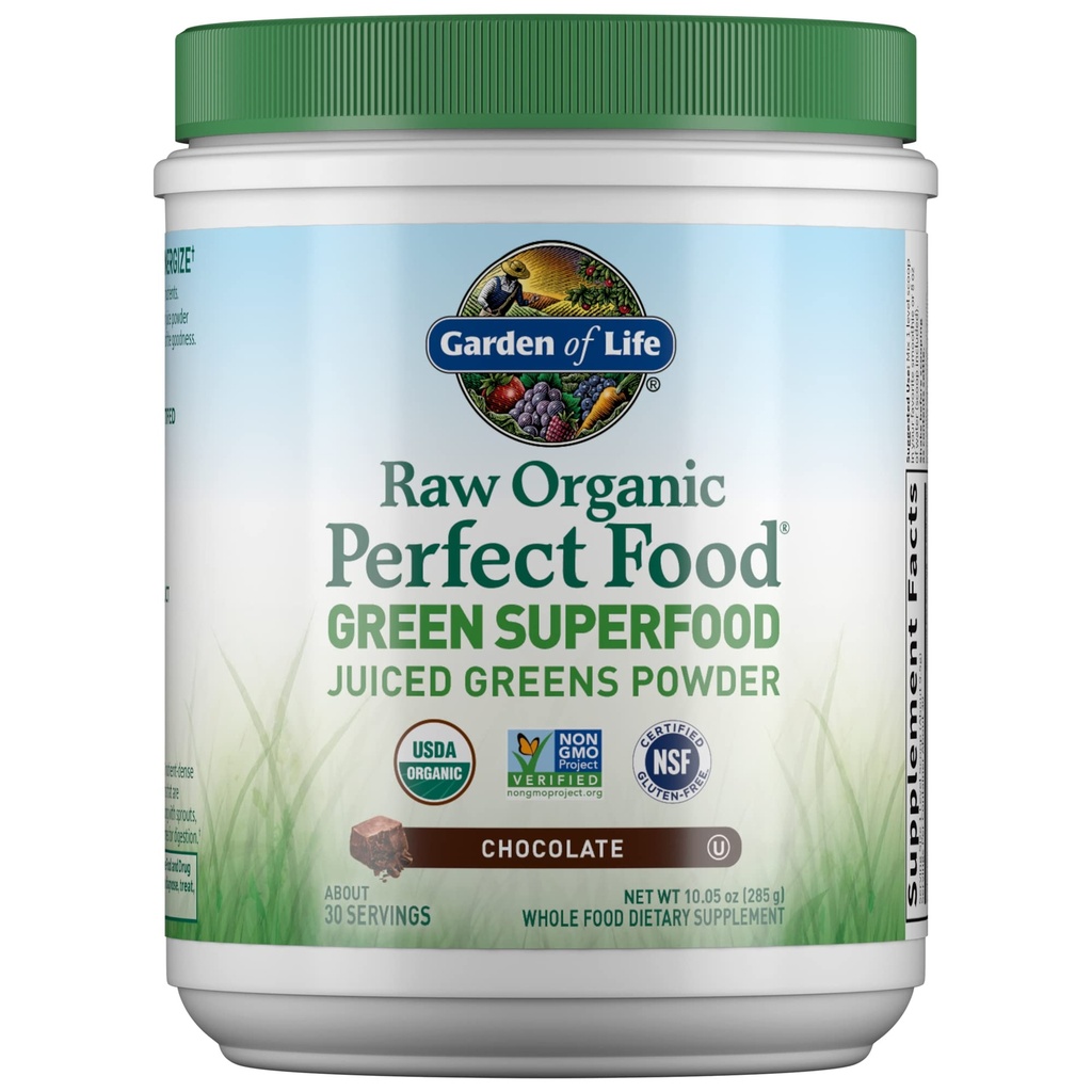 Garden of Life Raw Organic Perfect Food Green Superfood Juiced Greens Powder - Chocolate, 30 Servings - Non-GMO, Gluten Free, Vegan Whole Food Dietary Supplement, Plus Probiotics & Enzymes