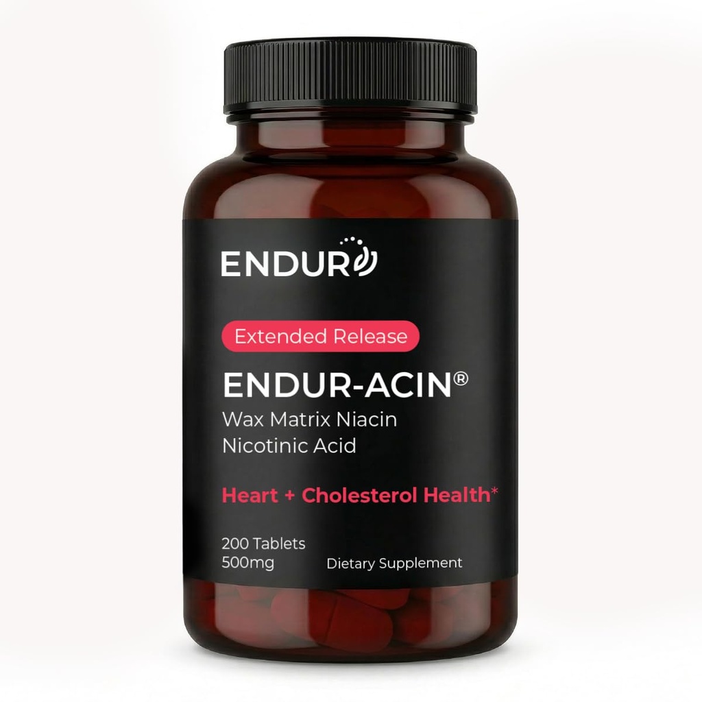 ENDUR-ACIN - Niacin B3 - ER (Extended Release) 500 mg - Nicotinic Acid - Healthy Heart & Cholesterol Balance Supplement - Low-Flush High-Potency Niacin with 4–8 HR Timed-Release Matrix - 200 Tablets