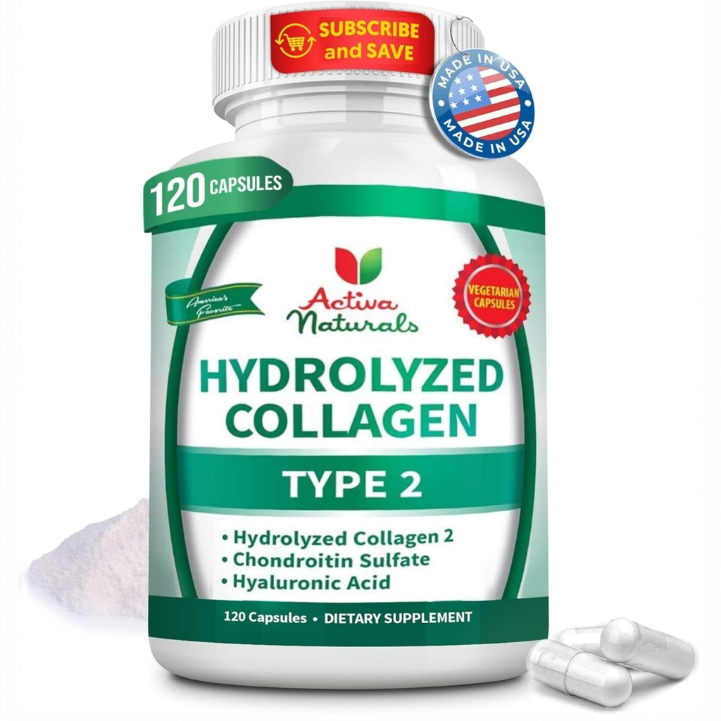 Collagen Type 2 Hydrolyzed Supplement with Chondroitin and Hyaluronic, for Healthy Hair, Skin, and Nails, No Fillers, Additives, and No Artificial Colors - 120 Vegetarian Capsules