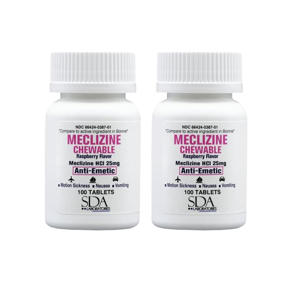 SDA LABORATORIES Meclizine 25mg Chewable Tablets, Anti-Emetic, Raspberry Flavor, Motion Sickness & Vertigo Relief for Nausea, Dizziness, Vomiting, Portable Travel Aid (2 Bottles of 100 Count)