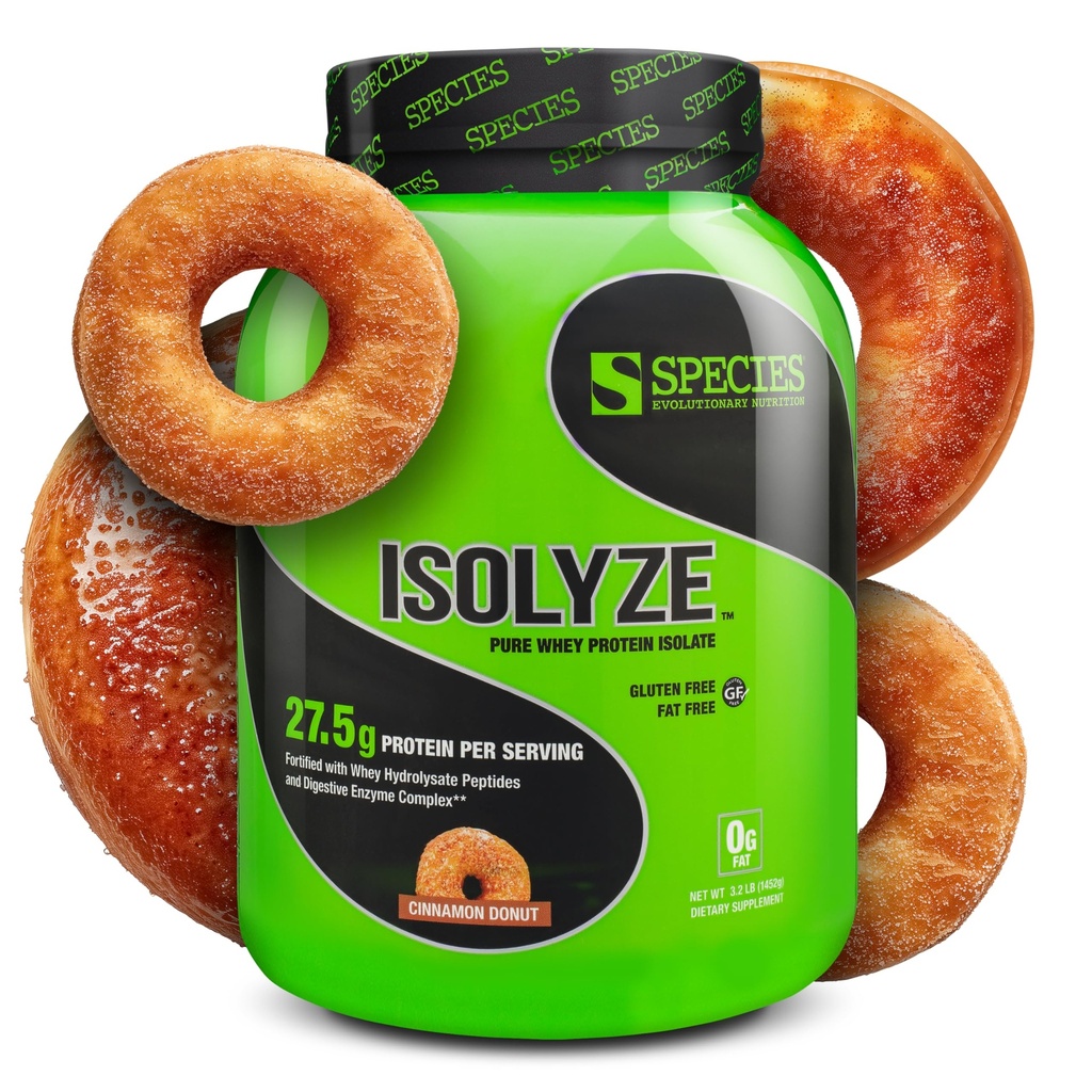 Species Nutrition Isolyze Whey Protein Powder, 100% Whey Isolate for Muscle Building, 27.5g Protein Per Scoop, No Sugar & Low Fat (Cinnamon Donut, 44 Servings)