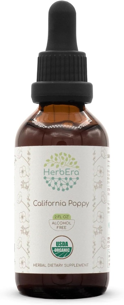 HerbEra California Poppy B60 USDA Organic Tincture | High-Potency Herbal Drops, Alcohol-Free Extract | Certified Organic California Poppy (Eschscholzia Californica) Dried Herb and Flower 2 fl oz