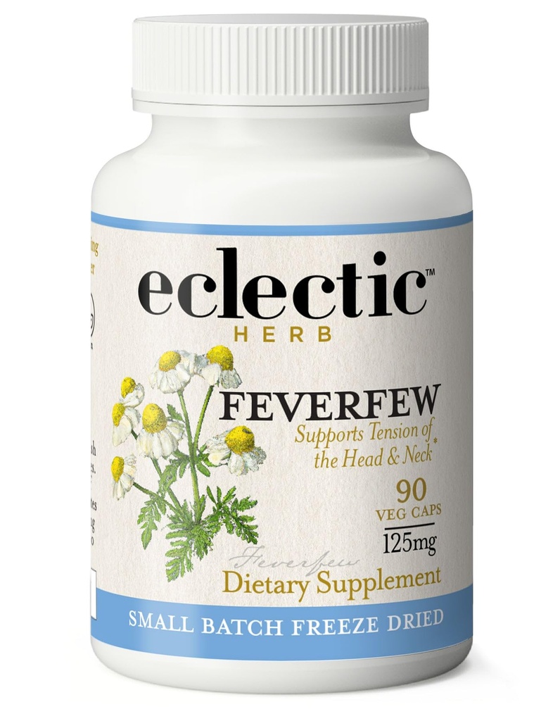 Eclectic Herb - Feverfew Capsules | Support for Head & Neck Tension | Herbal Supplement | US-Grown, Vegan, Non-GMO, Gluten Free (90 CT | 125 mg)