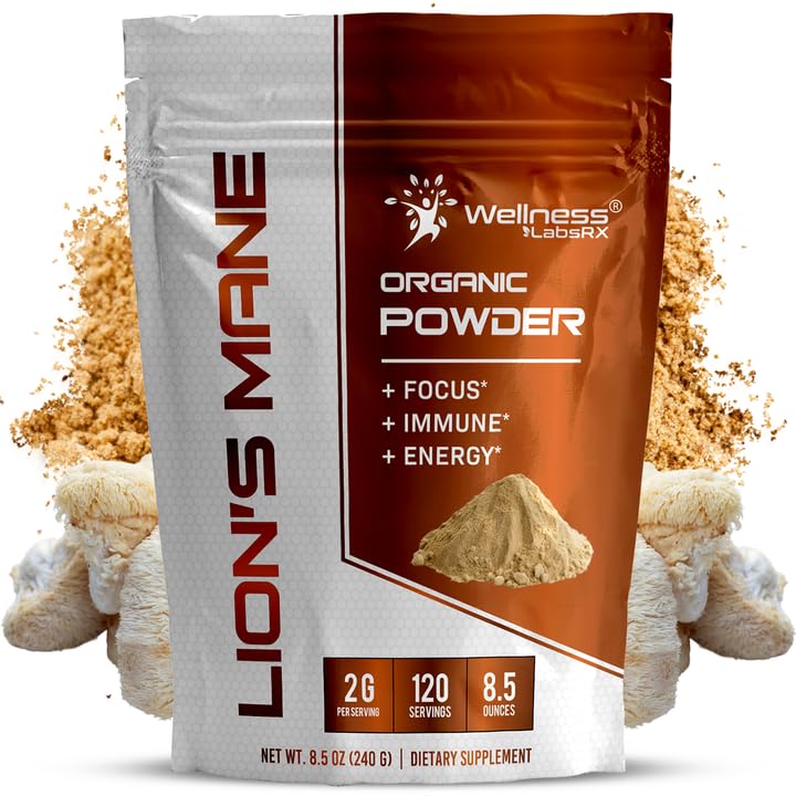 WELLNESS LABSRX Lions Mane Powder, Mushroom Supplement - 2000mg - Lions Mane Supplement - Lion's Mane Mushroom Powder Brain Supplements for Memory and Focus, Immune Support and Health - 120 Servings