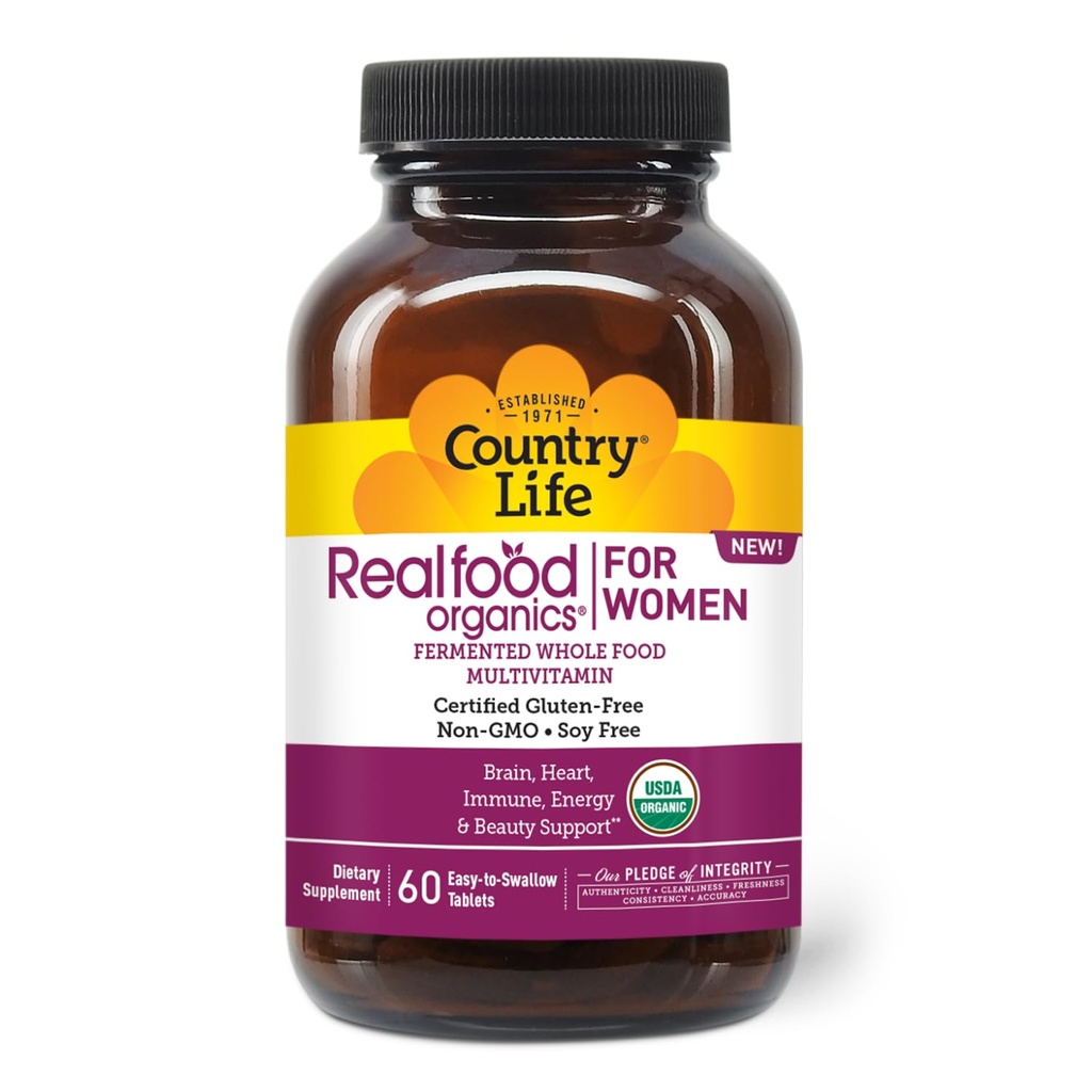 Country Life Realfood Organics Women’s Multivitamin – USDA Organic, Vegan, Gluten-Free – 1,300mg Fermented Whole Foods, Vitamins D, E, B, Folate & Biotin – Daily Energy & Beauty – 60 Tablets