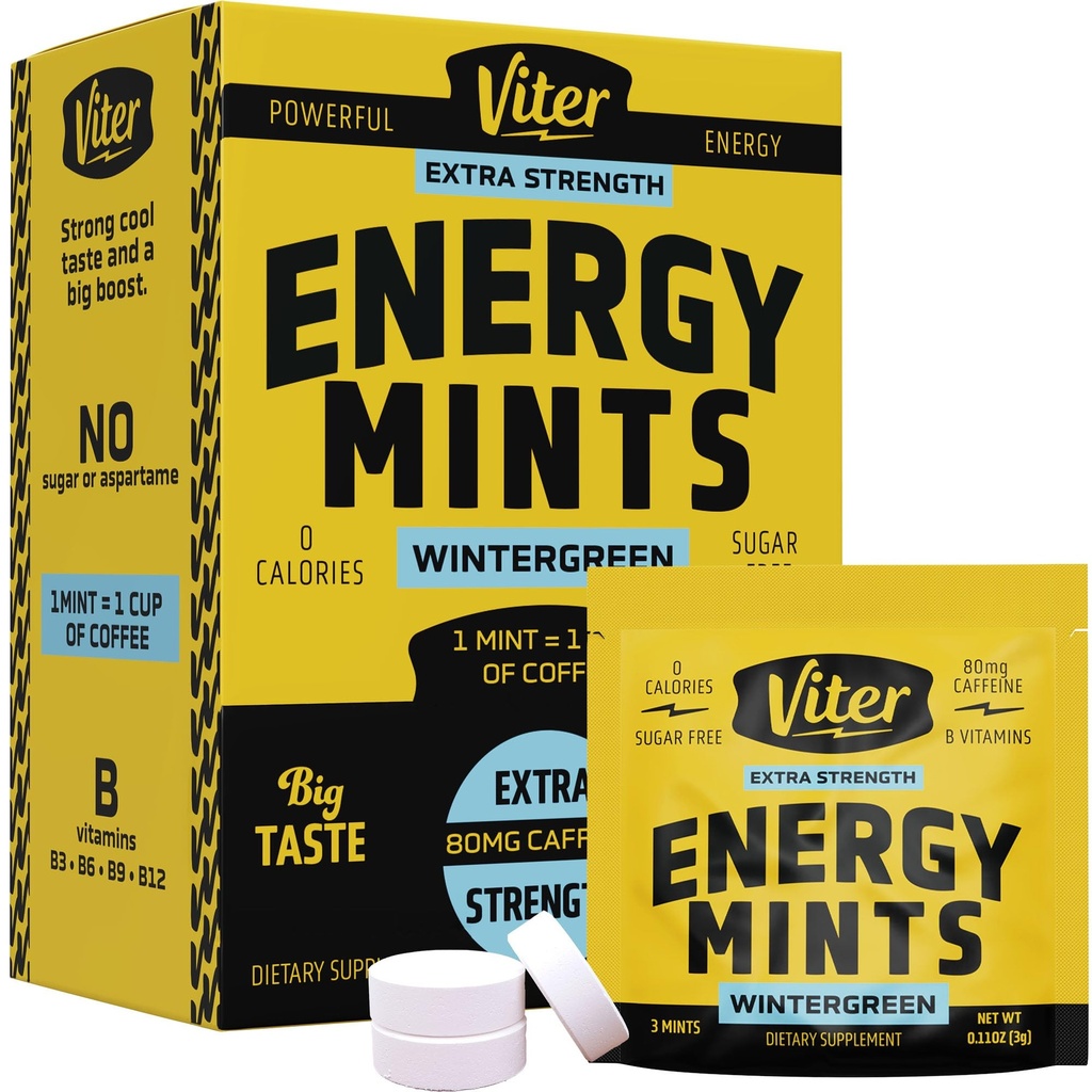 Viter Energy Caffeine Mints 80mg Extra Strength - 90 Pieces Caffeinated with B Vitamins. Sugar Free Vegan Breath Mint. Energize Nootropic Focus Booster for Fast Alertness (Wintergreen Flavor, 30 Pack)