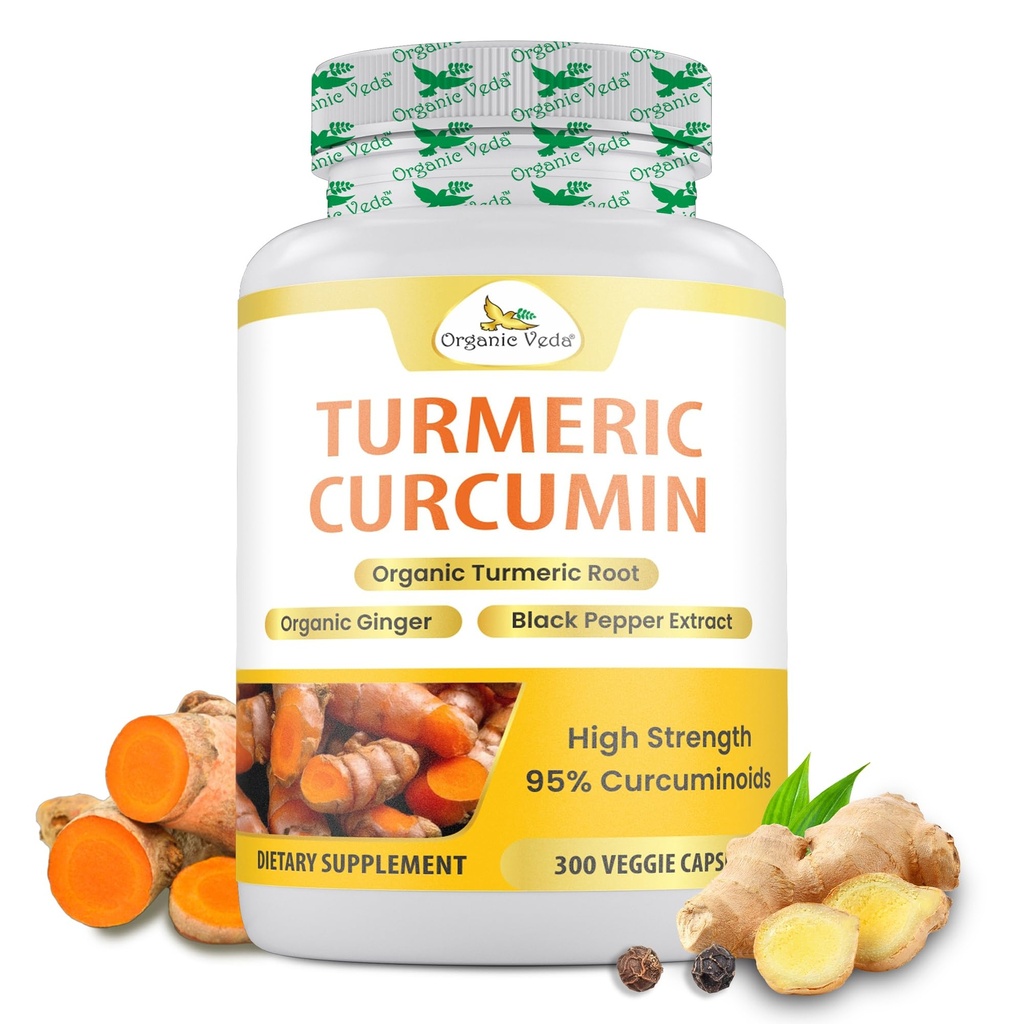 Organic Veda Turmeric and Ginger Supplement, 5 Months Serving, 300 Capsules – 95% Curcumin Organic Turmeric Root with Black Pepper Extract for High Absorption – Joint Comfort & Antioxidants Complex