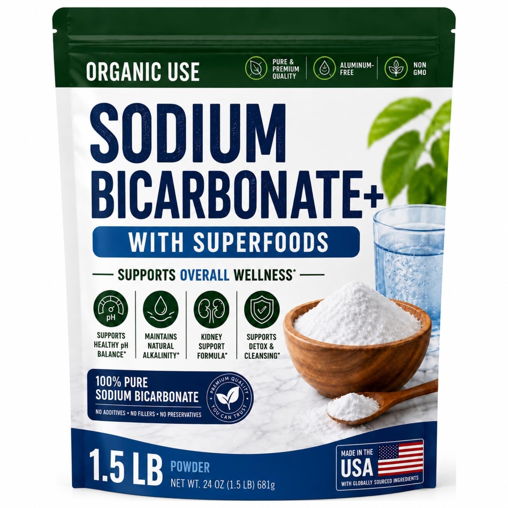 Organic Use Sodium Bicarbonate Alkaline Supplement for Alkalinity. Support Kidney & Stomach Acid Neutralizer w/Alkaline Superfoods. Sodium Bicarbonate Powder Kidney Immune Support Antacid Sport 1.5LB