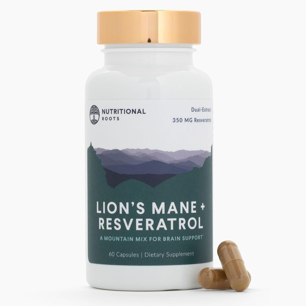Nutritional Roots - Lion’s Mane + Resveratrol - With 800mg Lion’s Mane Extract & 350mg Trans-Resveratrol Per Serving - Supports Brain & Heart Health - Dietary Supplement - 1 Month Supply - 60 Capsules
