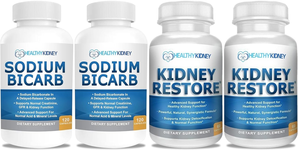 Sodium Bicarbonate 650mg Capsules for Acid Relief, Alkalinity 120 Pills 2-Pack + Kidney Restore Kidney Cleanse and Kidney Health Supplement, 60 caps - 2 Pack
