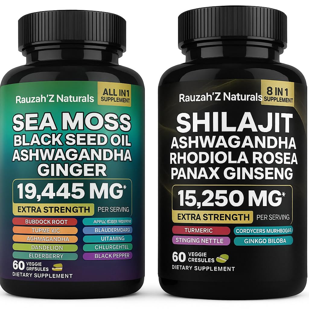 Sea Moss and Shilajit Bundle - Sea Moss,Black Seed Oil, Ashwagandha,Ginger & Shilajit,Rhodiola Rosea, Panax Ginseng