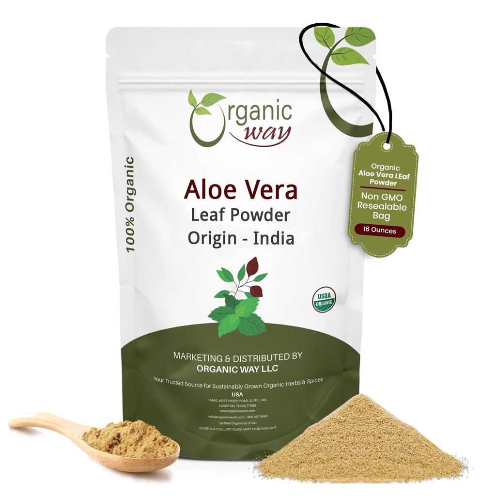 Organic Way Aloe Vera Leaf Powder - Origin - India (16 Ounce) | Aloe barbadensis botanical herb, USDA Organic and Kosher Certified; raw, vegan, Non-GMO, and gluten-free.