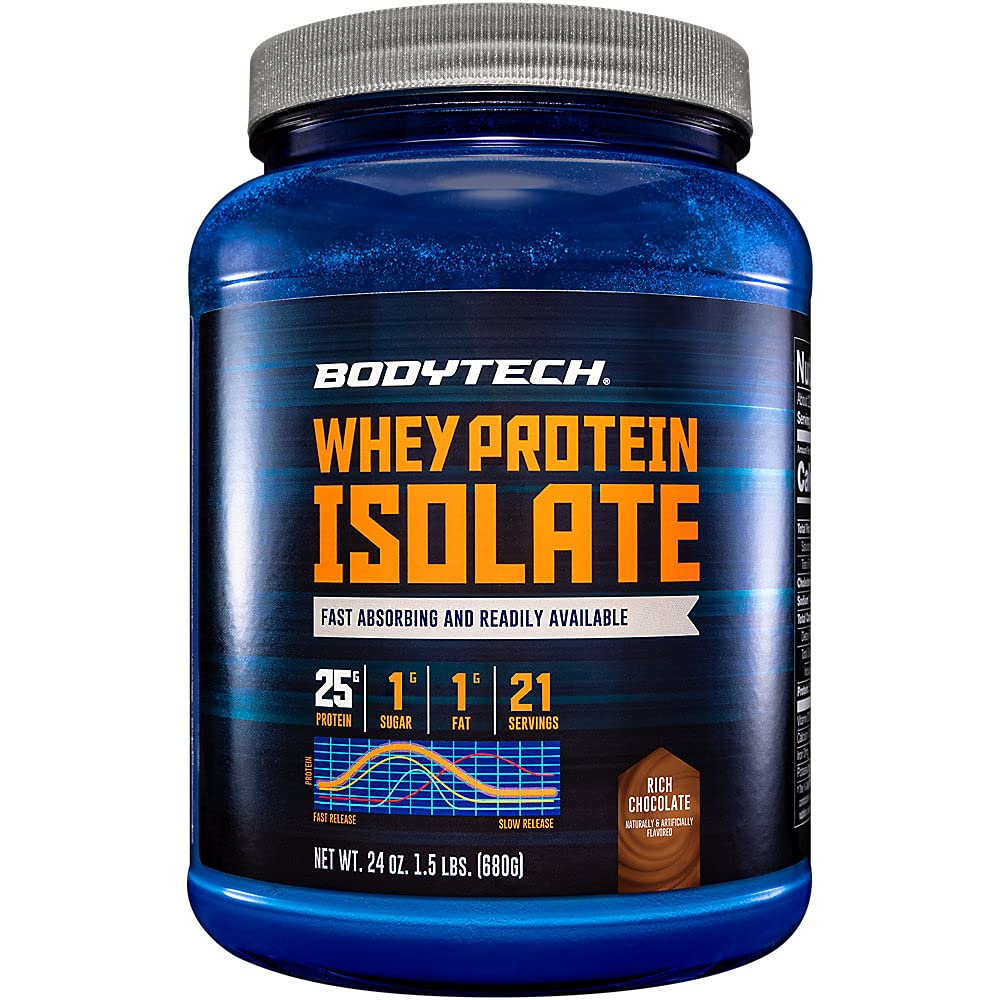BodyTech Whey Protein Isolate Powder - 25g Protein per Serving with BCAAs - Fast-Absorbing for Muscle Growth & Recovery - Rich Chocolate (1.5 lb, 21 Servings)
