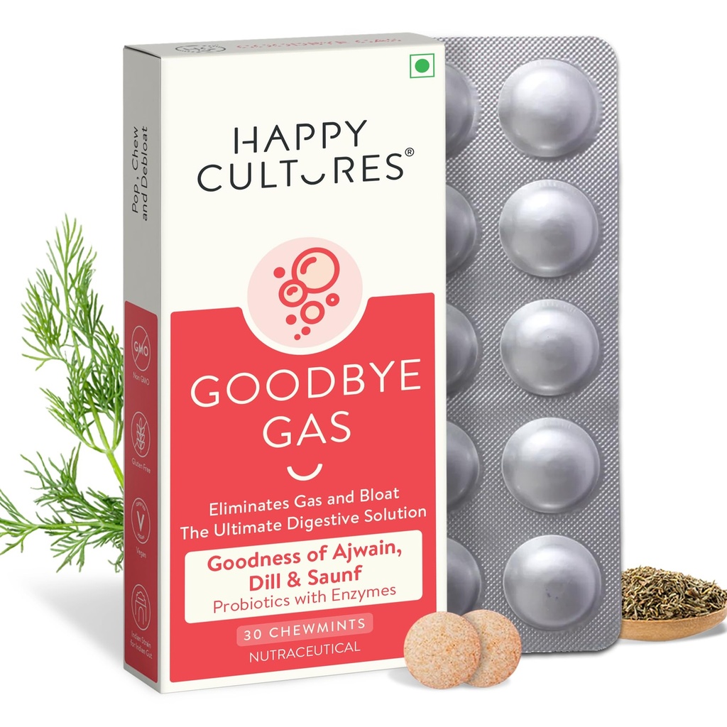 VELBIOM Happy Cultures Goodbye Gas, All Types of Gas Relief, Unique Blend of Probiotics 125 Million CFU, Ajwain Oil, Saunf Oil, Digestive Enzymes, Alleviates Gas, Bloating & Indigestion -30 Chewables