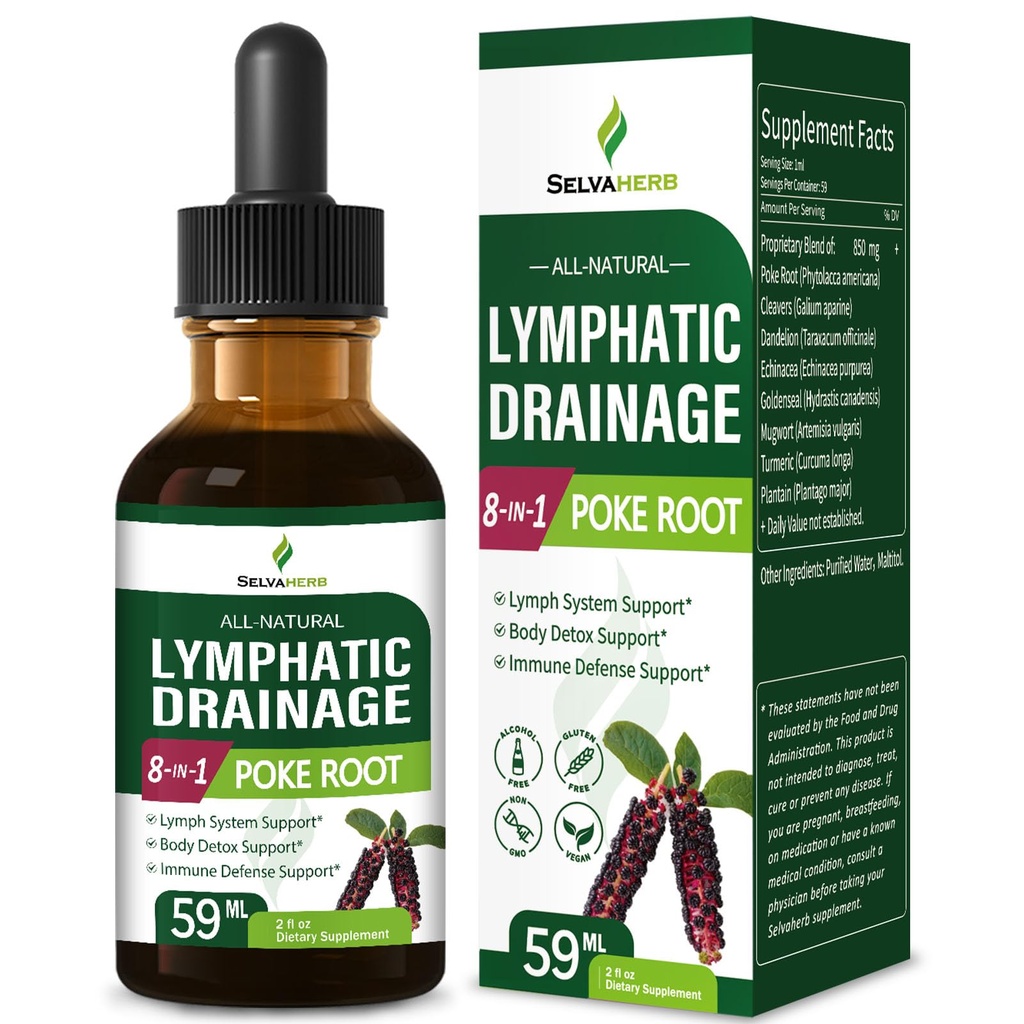 Poke Root Herb Lymphatic Drainage Drops for Lymph System Support, 8-in-1 Optimized Herbal Formula Supplement Tincture for Body Detox & Immune Support w/Cleavers Echinacea Extract. 2oz