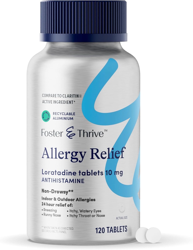 Foster & Thrive Loratadine 10mg Non Drowsy Allergy Relief for Sinus Pressure and Seasonal Allergies, Antihistamine Relieves Itchy Eyes, Sneezing, Children and Adults, 120 Tablets