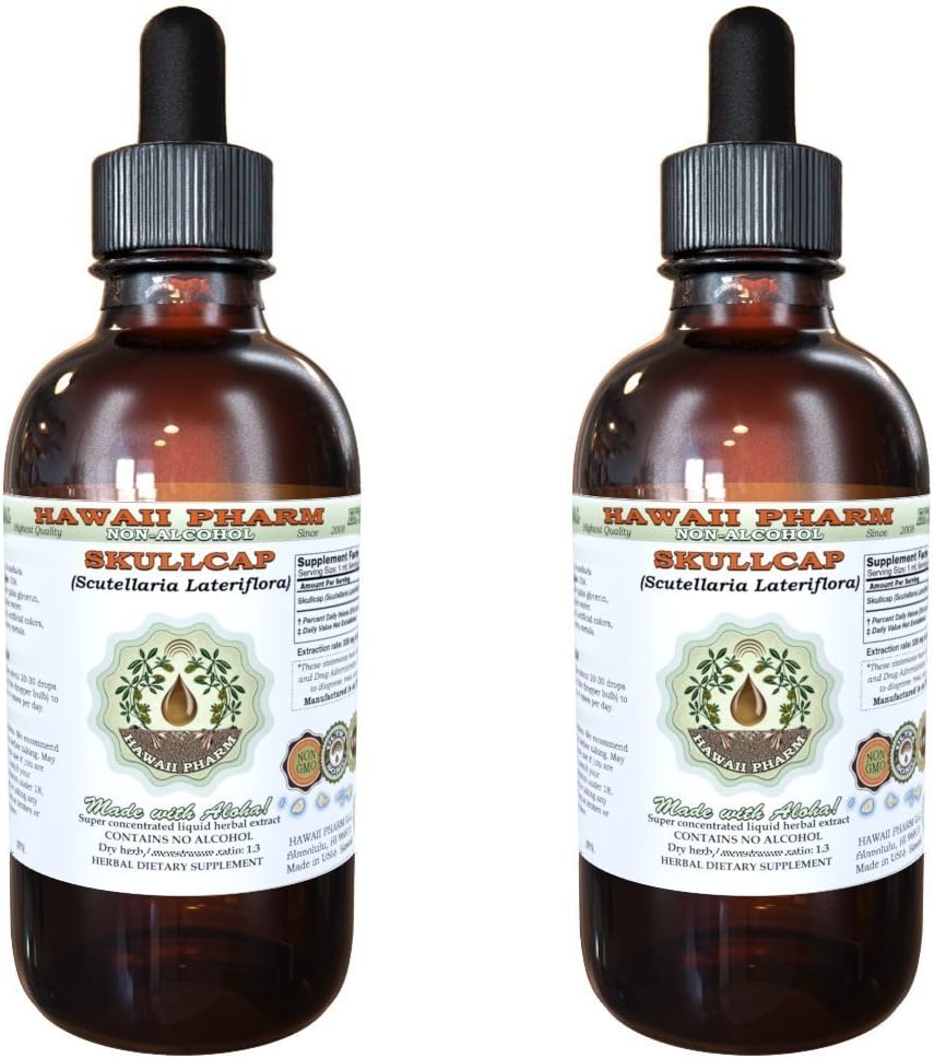 Skullcap Alcohol-Free Liquid Extract, Organic Skullcap (Scutellaria lateriflora) Dried Herb Glycerite Natural Herbal Supplement, Hawaii Pharm, USA 2x4 fl.oz