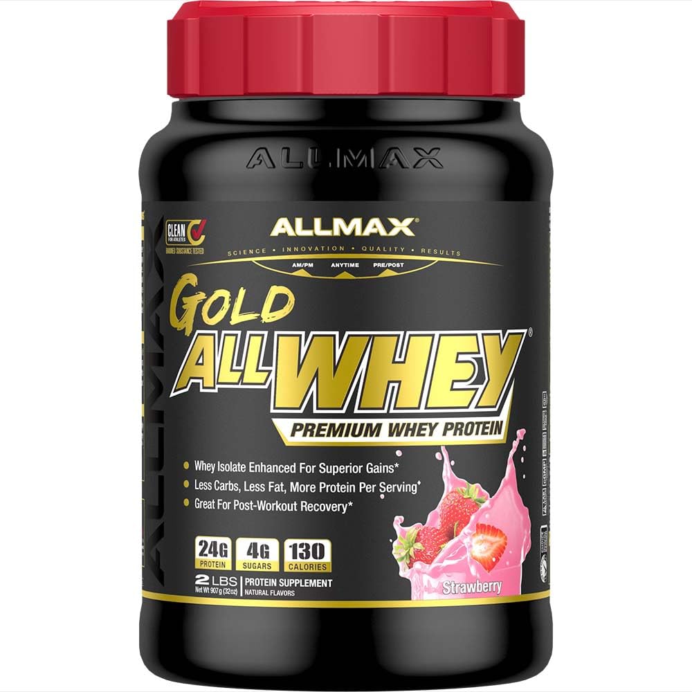 ALLMAX Gold ALLWHEY Whey Protein Powder, Strawberry, 2 lb, 24g Protein Per Scoop, High Protein for Muscle Recovery, Lean Muscle Growth & Post Workout Nutrition, Gluten Free, 30 Servings
