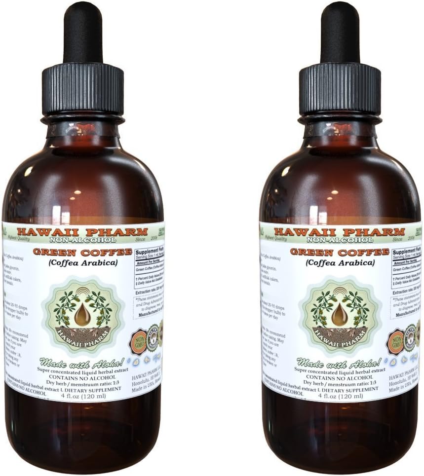 Green Coffee Alcohol-Free Liquid Extract, Green Coffee (Coffea Arabica) Dried Bean Glycerite Hawaii Pharm Natural Herbal Supplement 2x2 oz