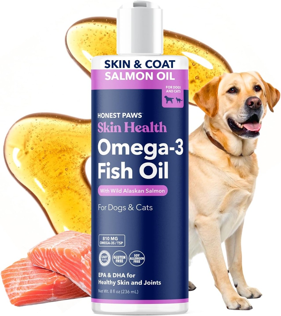 Honest Paws Wild Alaskan Salmon Oil for Dogs & Cats – Omega 3 Fish Oil Supplement for Skin, Coat, Joint & Heart Health – Natural, Sustainably Sourced, 8 oz