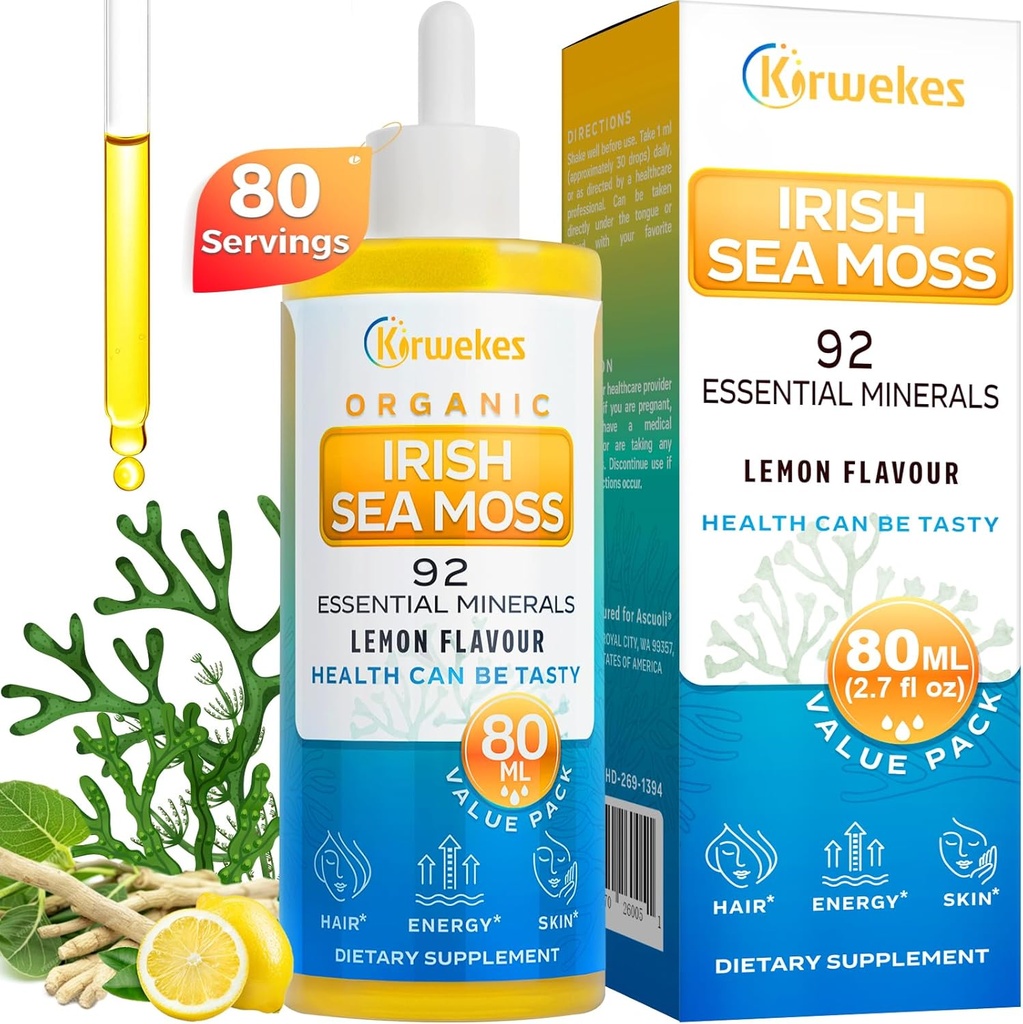 Sea Moss & Ashwagandha Root Drops - 10X Stronger Seamoss & Ashwagandha for Women & Men, Sea Moss Drops for Mood, Immunity, Digestive, Energy, Skin, Hair Joint（Lemon Flavour - 80 Servings